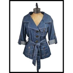 Anthropologie Tillmore Belted Blue Denim Jacket Wide Peak Lapel Collar Medium